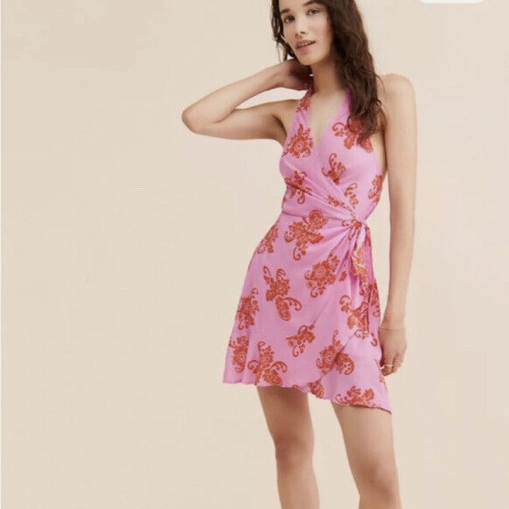 By Anthropologie Pink Floral Halter Tie Neck Wrap Sleeveless Sun Dress Vacation - Picture 2 of 4